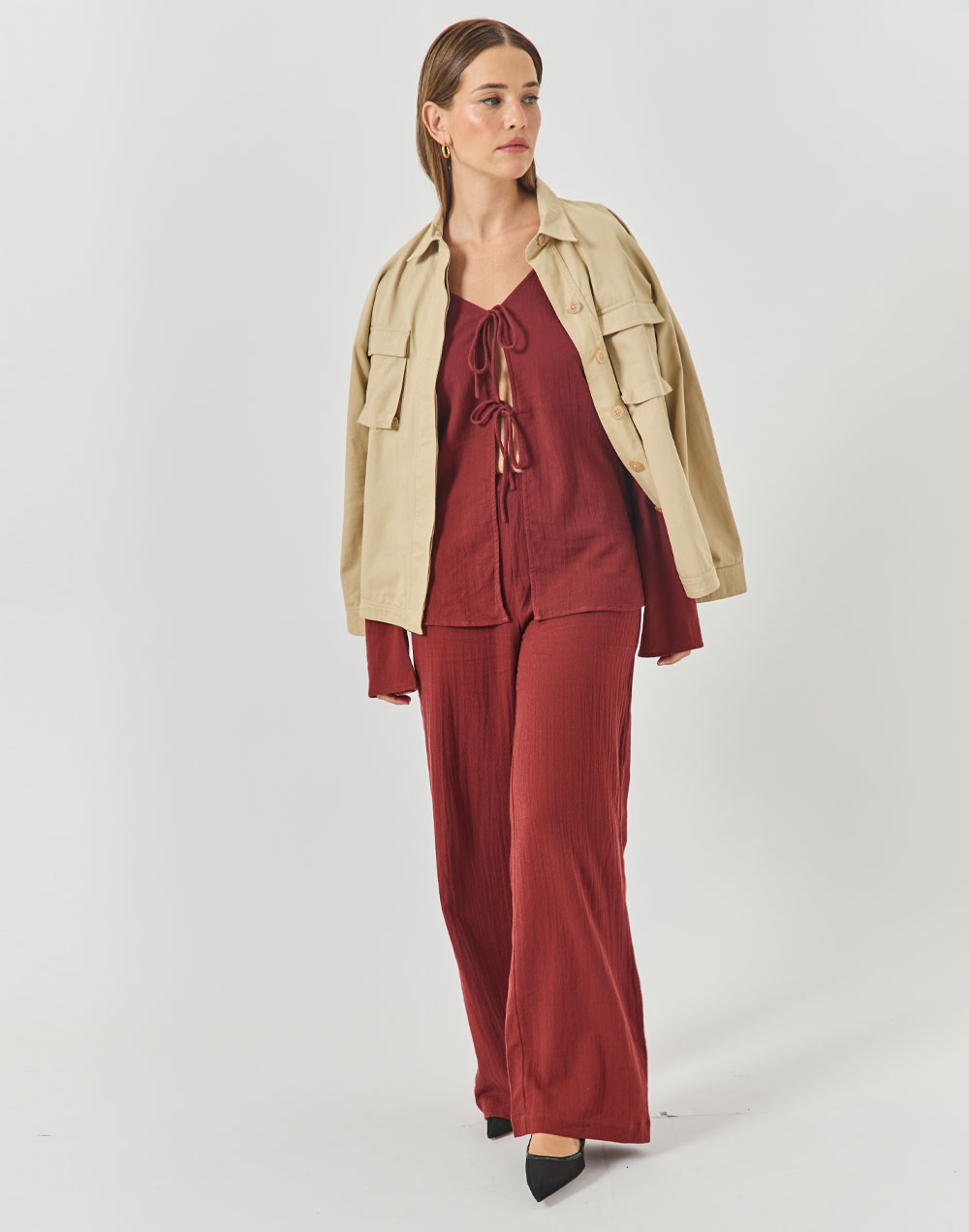 חולצה עם קשירות אדום יין CALI