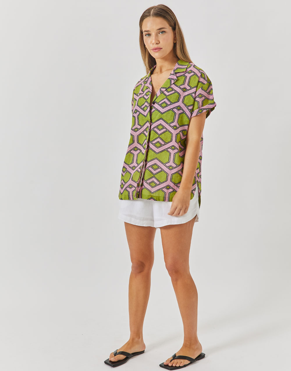 חולצת פשתן מכופתרת הדפס גאומטרי SINAI