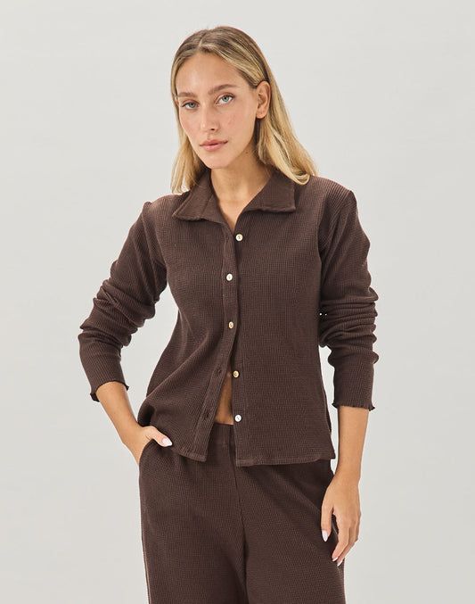 חולצת כותנה מכופתרת חום בראוני ROMI