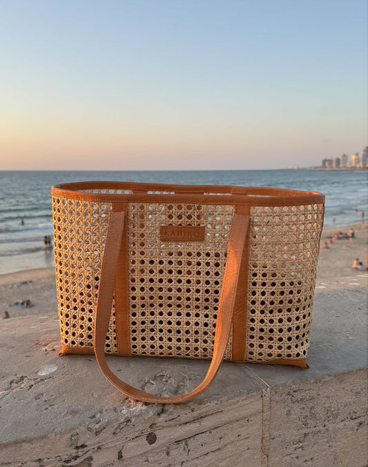 תיק מיני ראטן משולב עור כאמל ROYAL