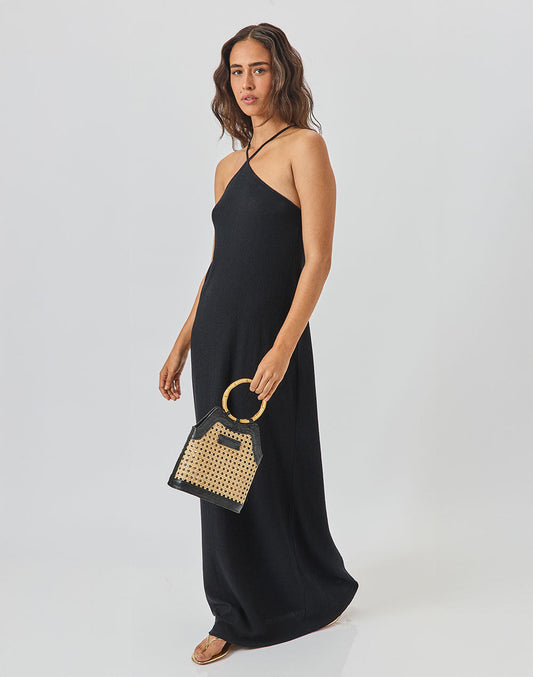 תיק ראטן משולב עור שחור LUCKY