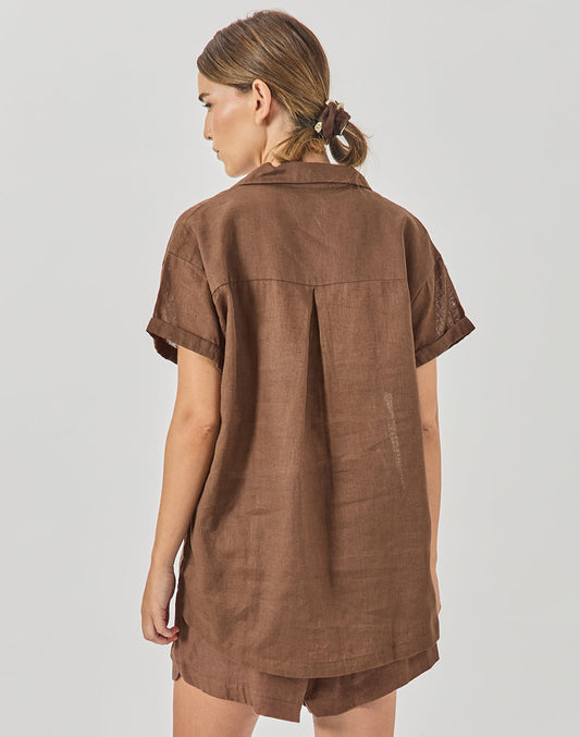 חולצת פשתן מכופתרת חום קפה SINAI