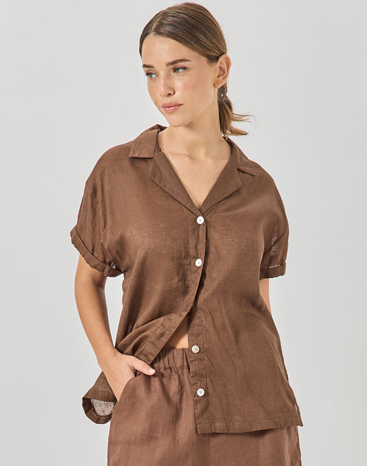 חולצת פשתן מכופתרת חום קפה SINAI