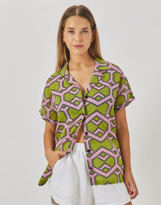 חולצת פשתן מכופתרת הדפס גאומטרי SINAI