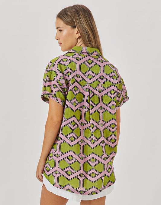 חולצת פשתן מכופתרת הדפס גאומטרי SINAI