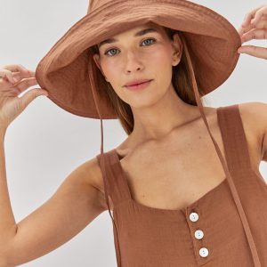 כובע כותנה רחב שוליים חום שוקולד SUN